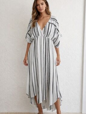 Lulus White Black Striped Boho High Low Midi Dress Small Flowing Beach
